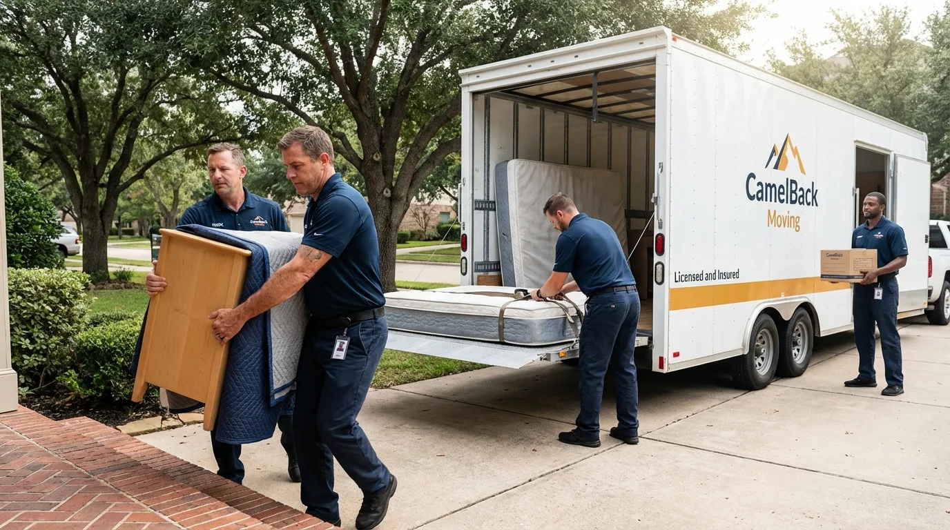 Crew loading residential truck for cross-state move from Sand Lake, MI