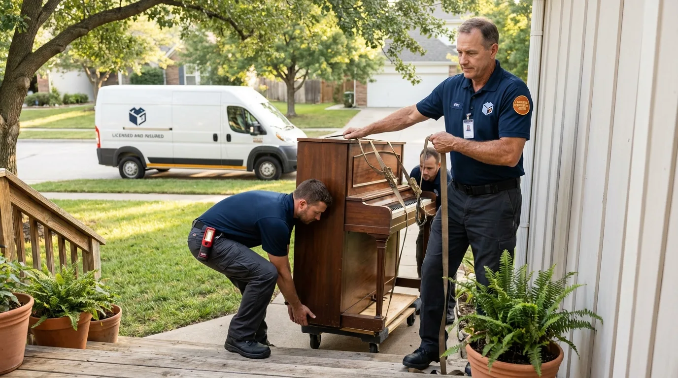 Licensed piano movers securing grand piano in Sand Lake, MI