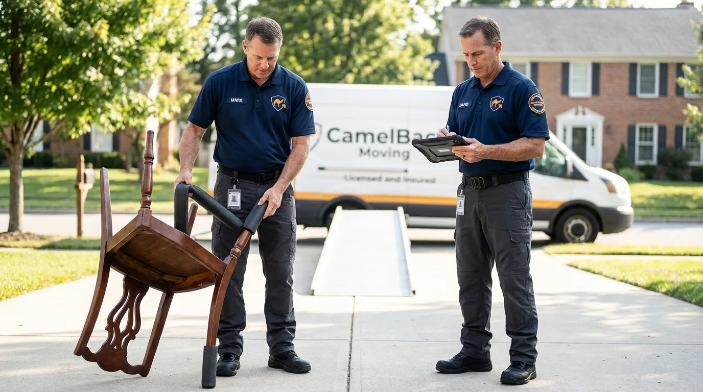 Movers inspecting furniture for damage prevention before loading in Sand Lake, MI