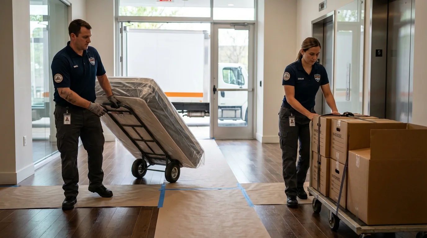 Professional apartment movers loading elevator in Sand Lake, MI